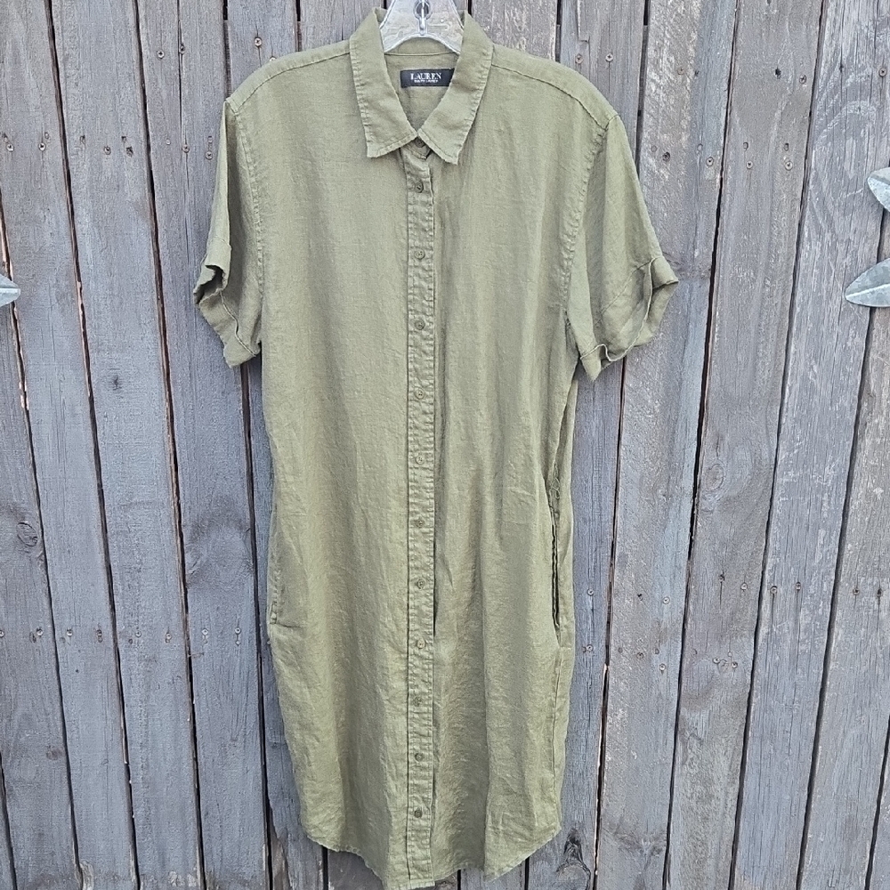 Ralph Lauren Black Label Green Casual Button Down Dress 100% Linen